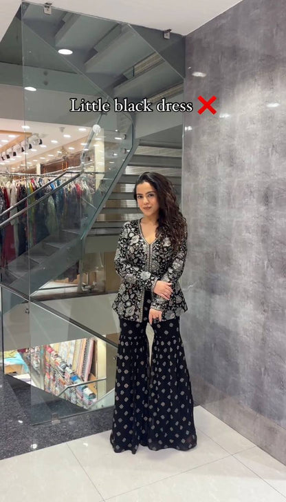Black Color Chinon Silk Sequence Work Ready Made Sharara Suit For Women
