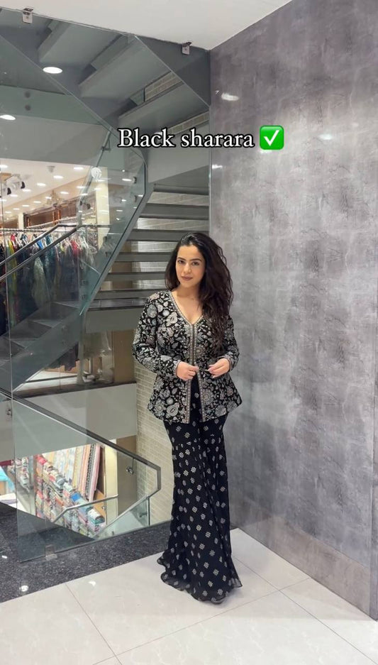 Black Color Chinon Silk Sequence Work Ready Made Sharara Suit For Women