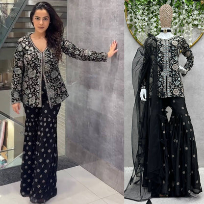 Black Color Chinon Silk Sequence Work Ready Made Sharara Suit For Women