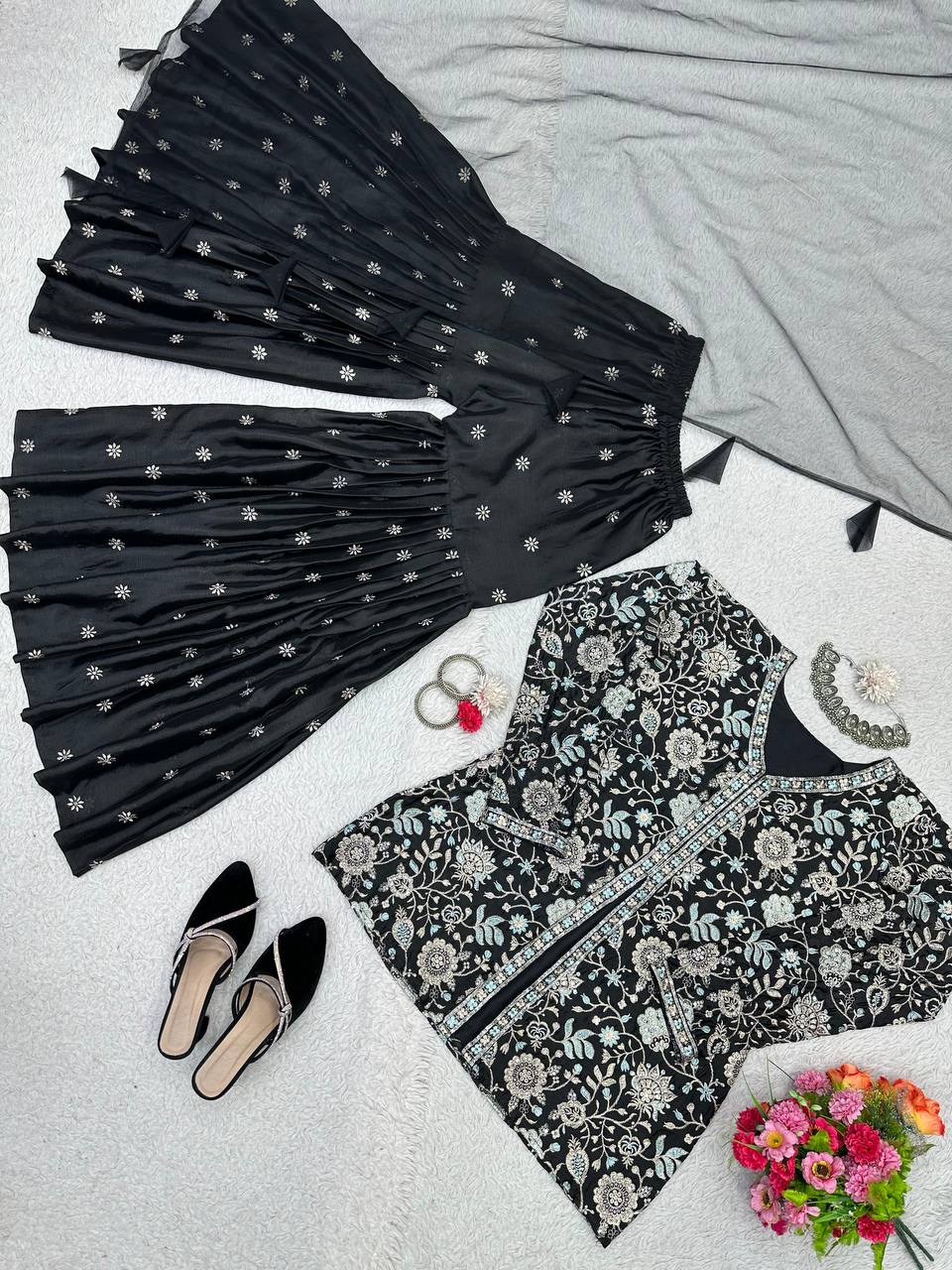 Black Color Chinon Silk Sequence Work Ready Made Sharara Suit For Women