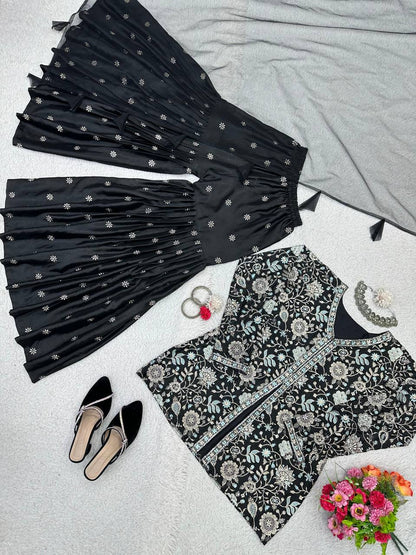 Black Color Chinon Silk Sequence Work Ready Made Sharara Suit For Women