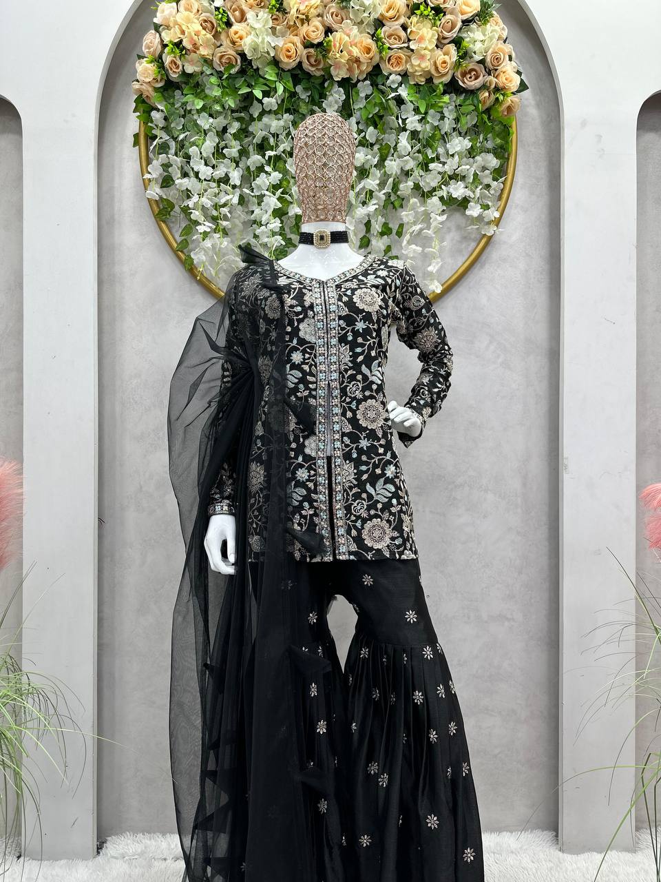 Black Color Chinon Silk Sequence Work Ready Made Sharara Suit For Women