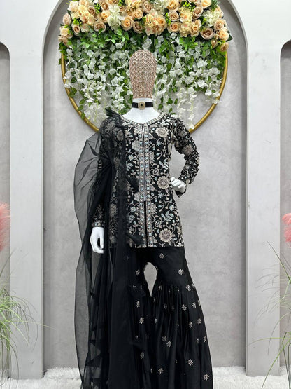 Black Color Chinon Silk Sequence Work Ready Made Sharara Suit For Women
