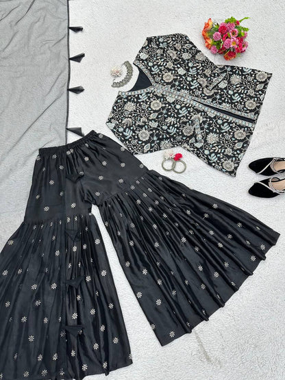 Black Color Chinon Silk Sequence Work Ready Made Sharara Suit For Women