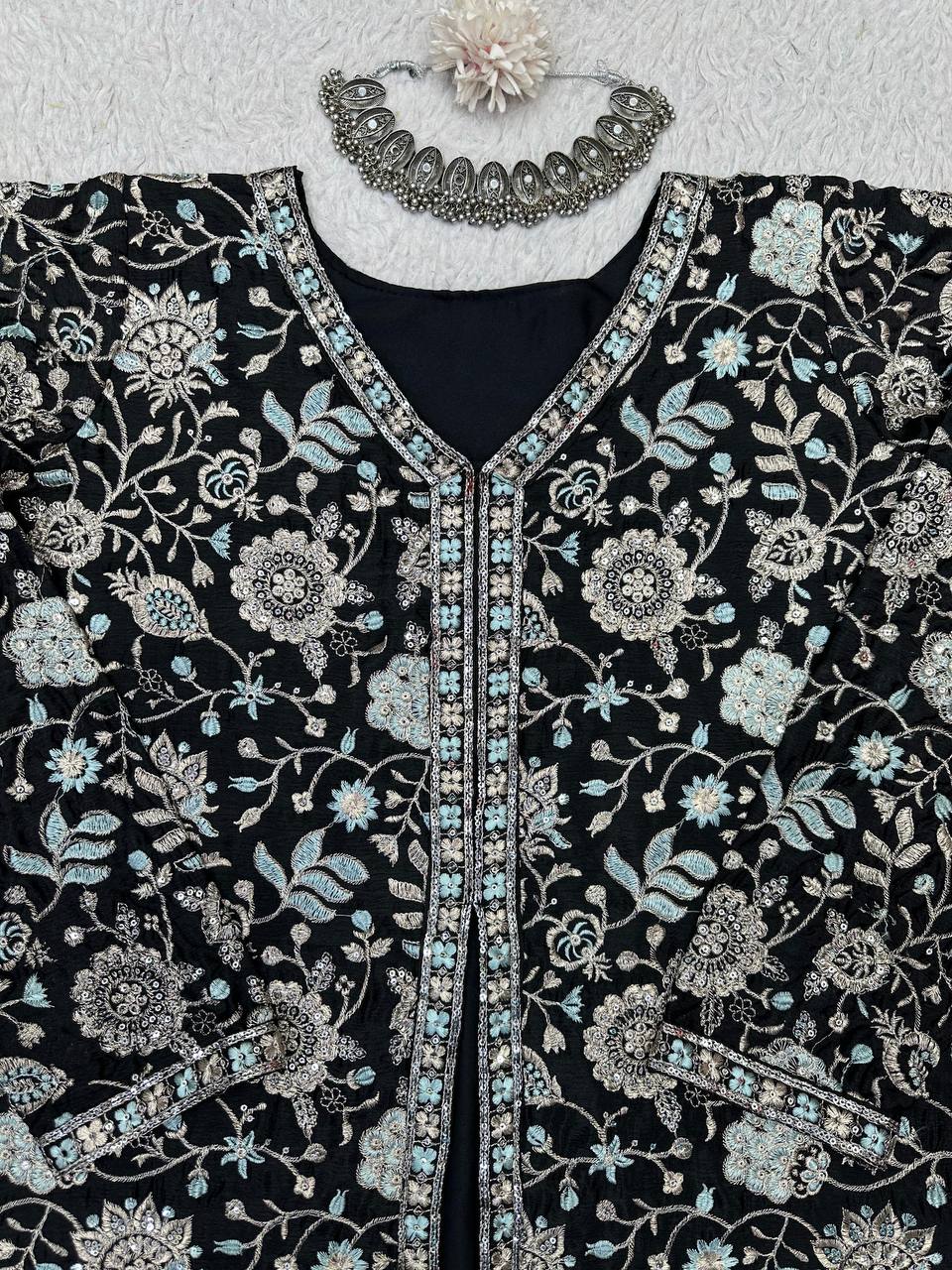 Black Color Chinon Silk Sequence Work Ready Made Sharara Suit For Women