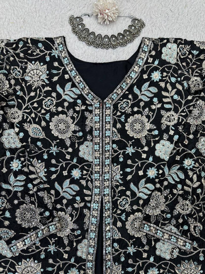 Black Color Chinon Silk Sequence Work Ready Made Sharara Suit For Women