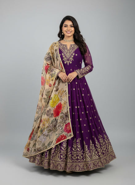 Elegant Georgette Gown Set with Organza Digital Print Dupatta