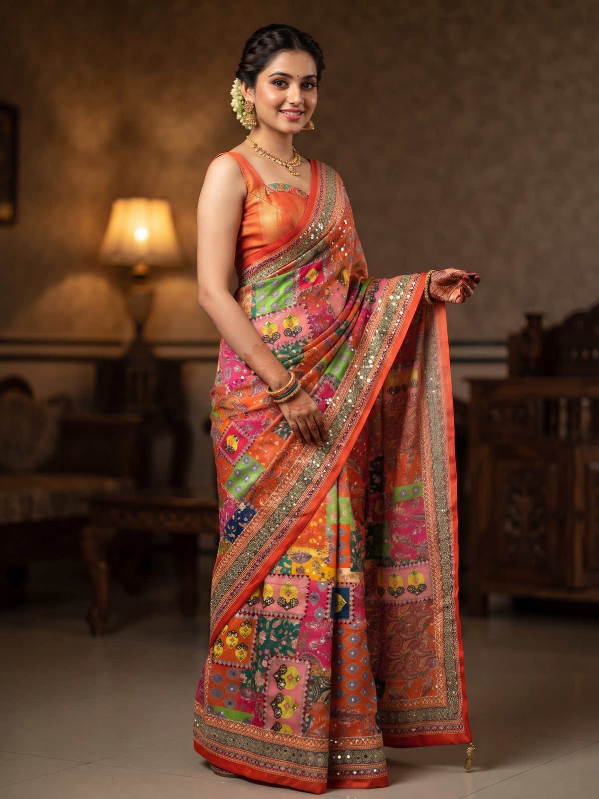 Mirror Work Printed Chinnon Silk Saree with Blouse