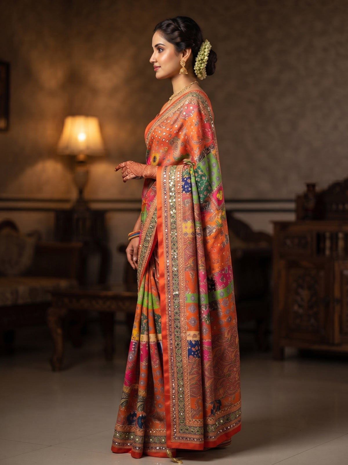 Mirror Work Printed Chinnon Silk Saree with Blouse
