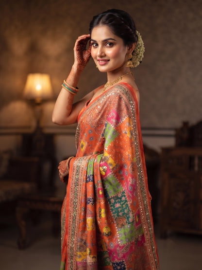 Mirror Work Printed Chinnon Silk Saree with Blouse