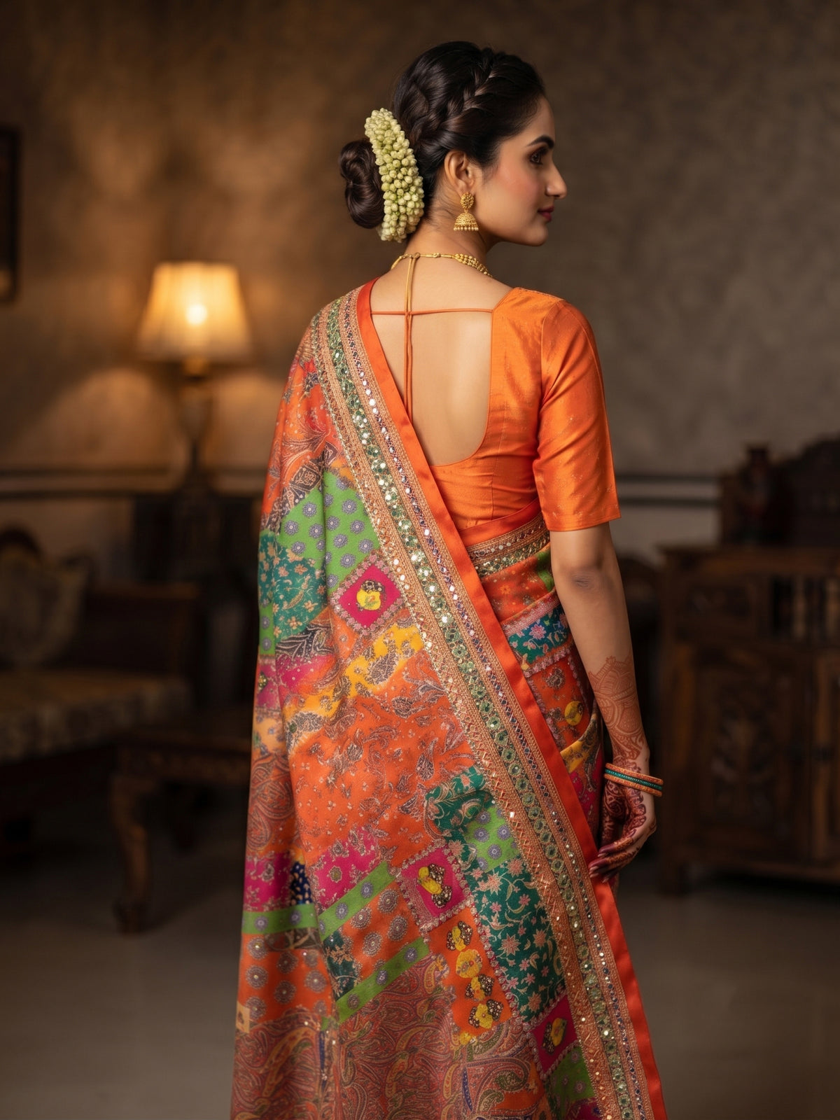 Mirror Work Printed Chinnon Silk Saree with Blouse
