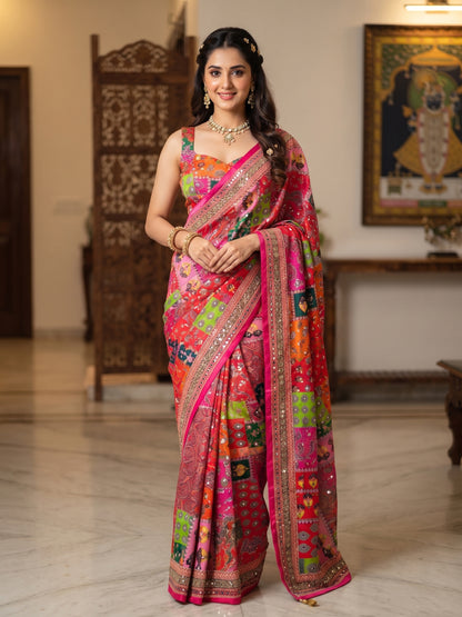 Mirror Work Printed Chinnon Silk Saree with Blouse