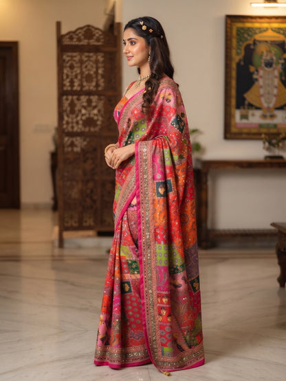 Mirror Work Printed Chinnon Silk Saree with Blouse