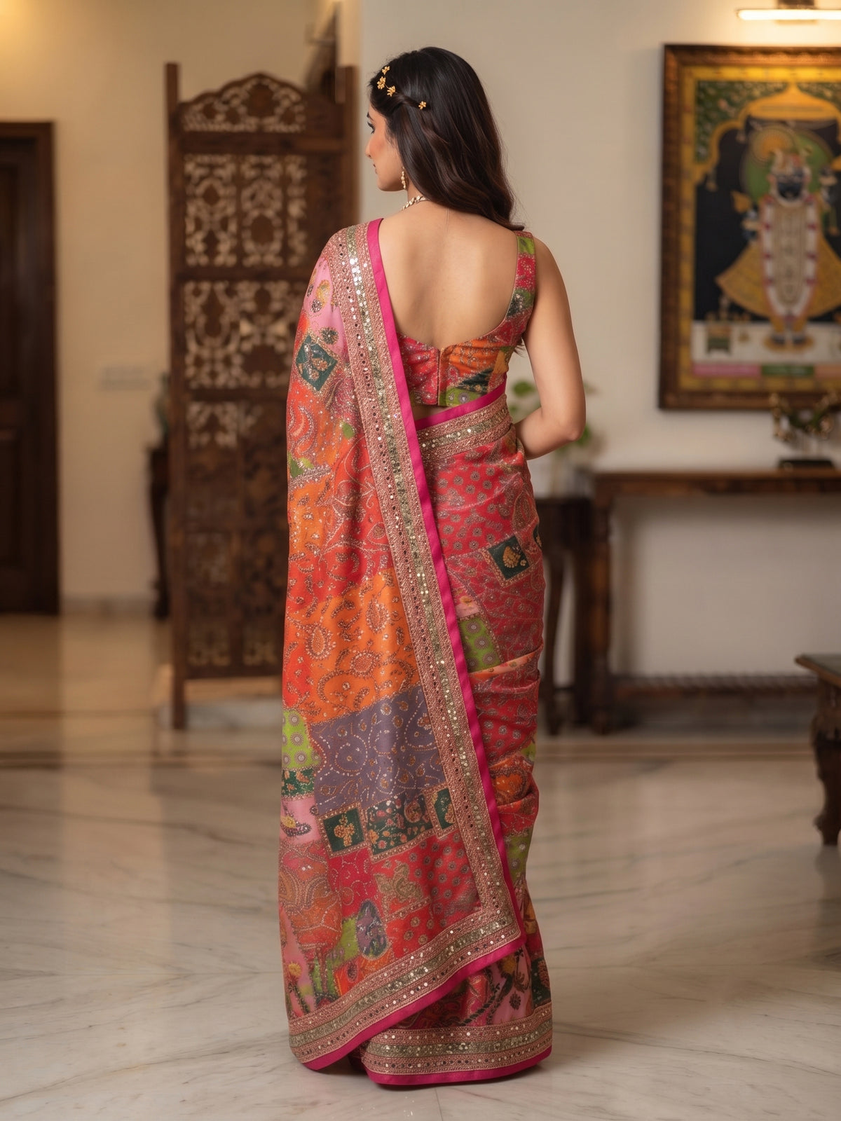 Mirror Work Printed Chinnon Silk Saree with Blouse