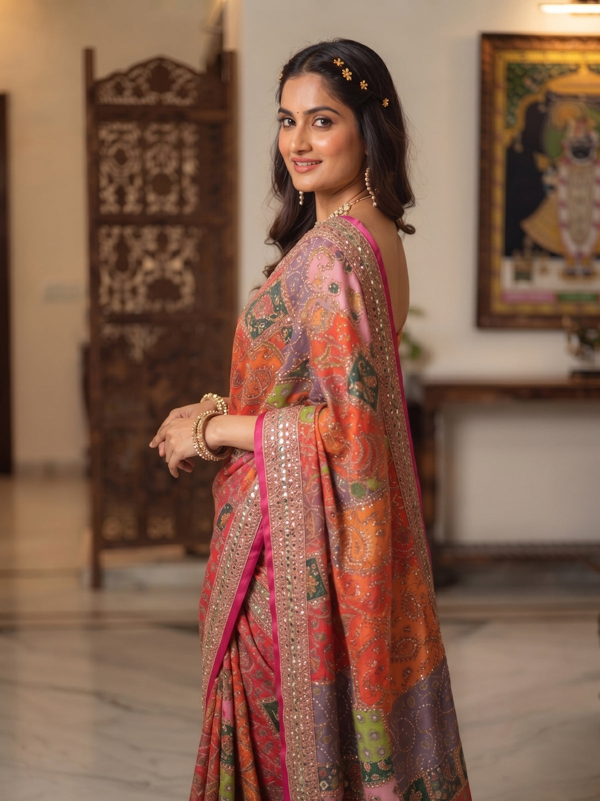 Mirror Work Printed Chinnon Silk Saree with Blouse