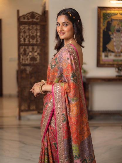 Mirror Work Printed Chinnon Silk Saree with Blouse