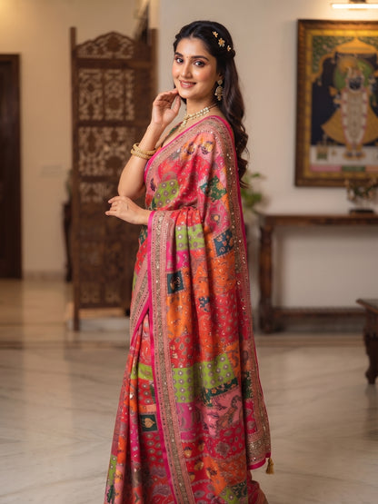 Mirror Work Printed Chinnon Silk Saree with Blouse
