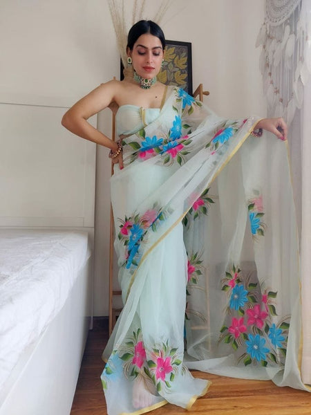 Party Wear Latest Digital Printed Organza Silk Saree For Women