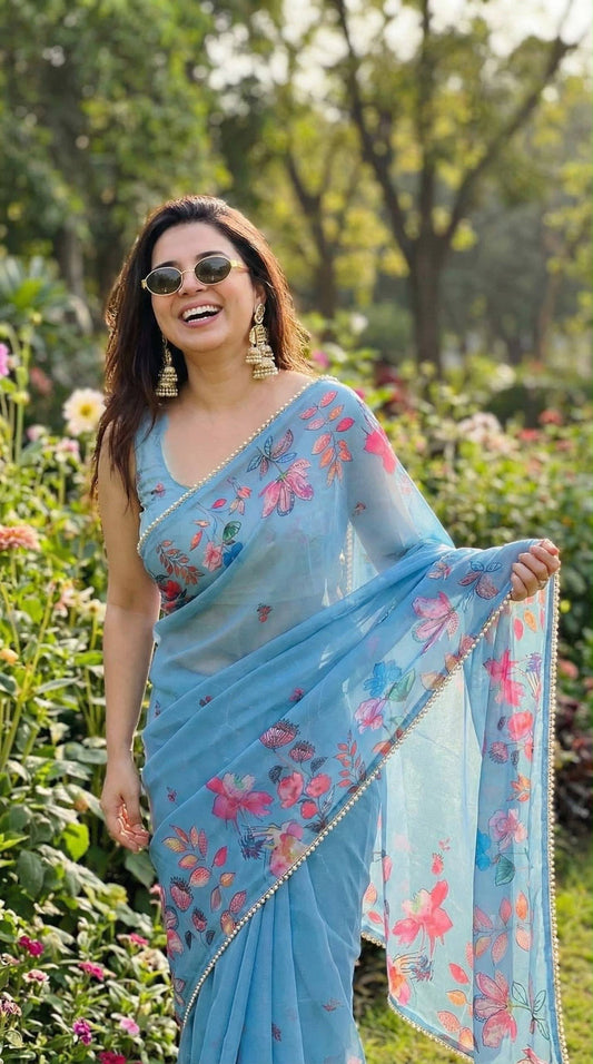 Sky Blue floral digital print soft georgette saree with pearl lace border