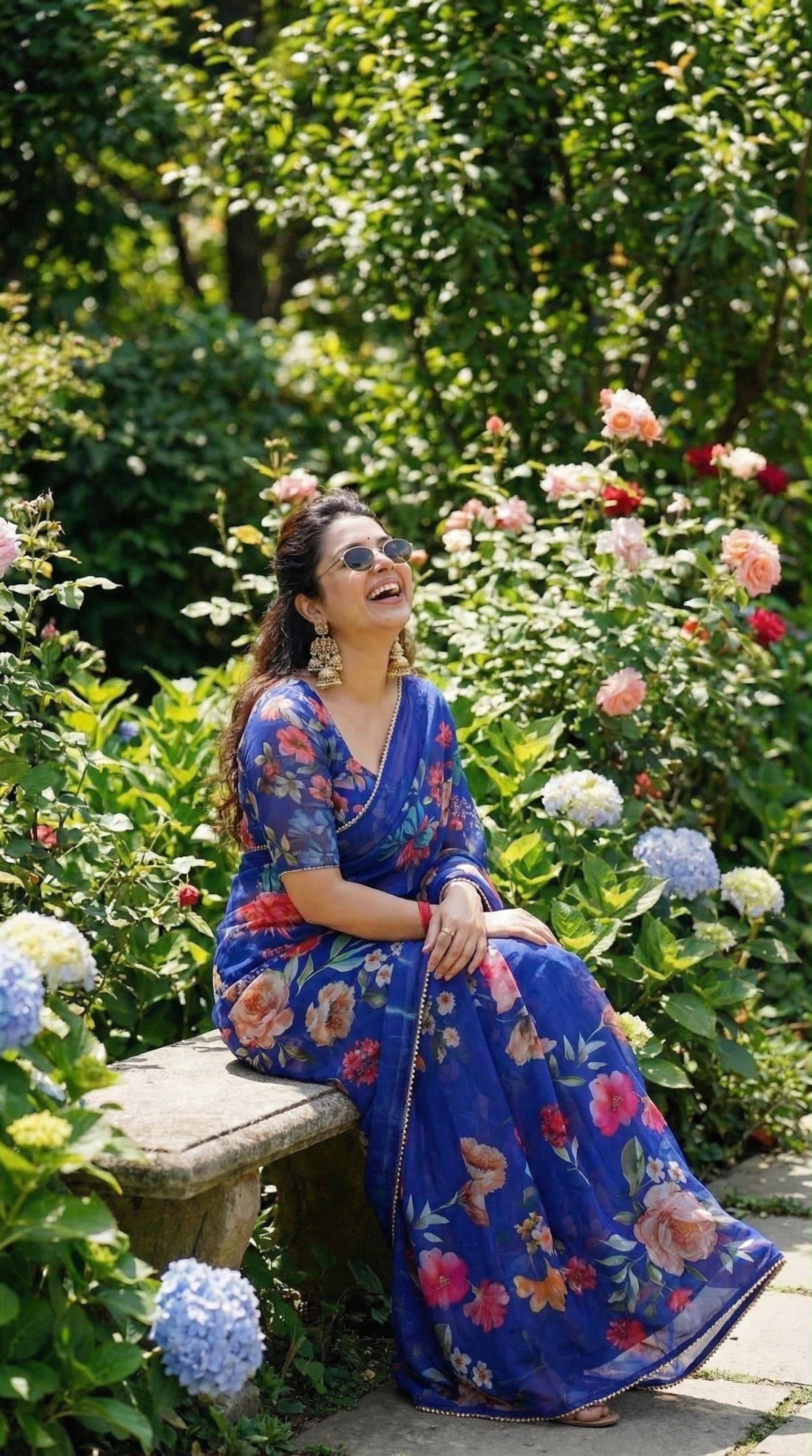 Royal Blue floral digital print soft georgette saree with pearl lace border