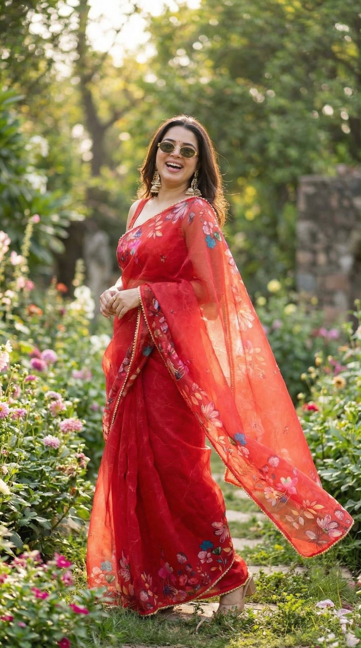 Red Orange floral digital print soft georgette saree with pearl lace border