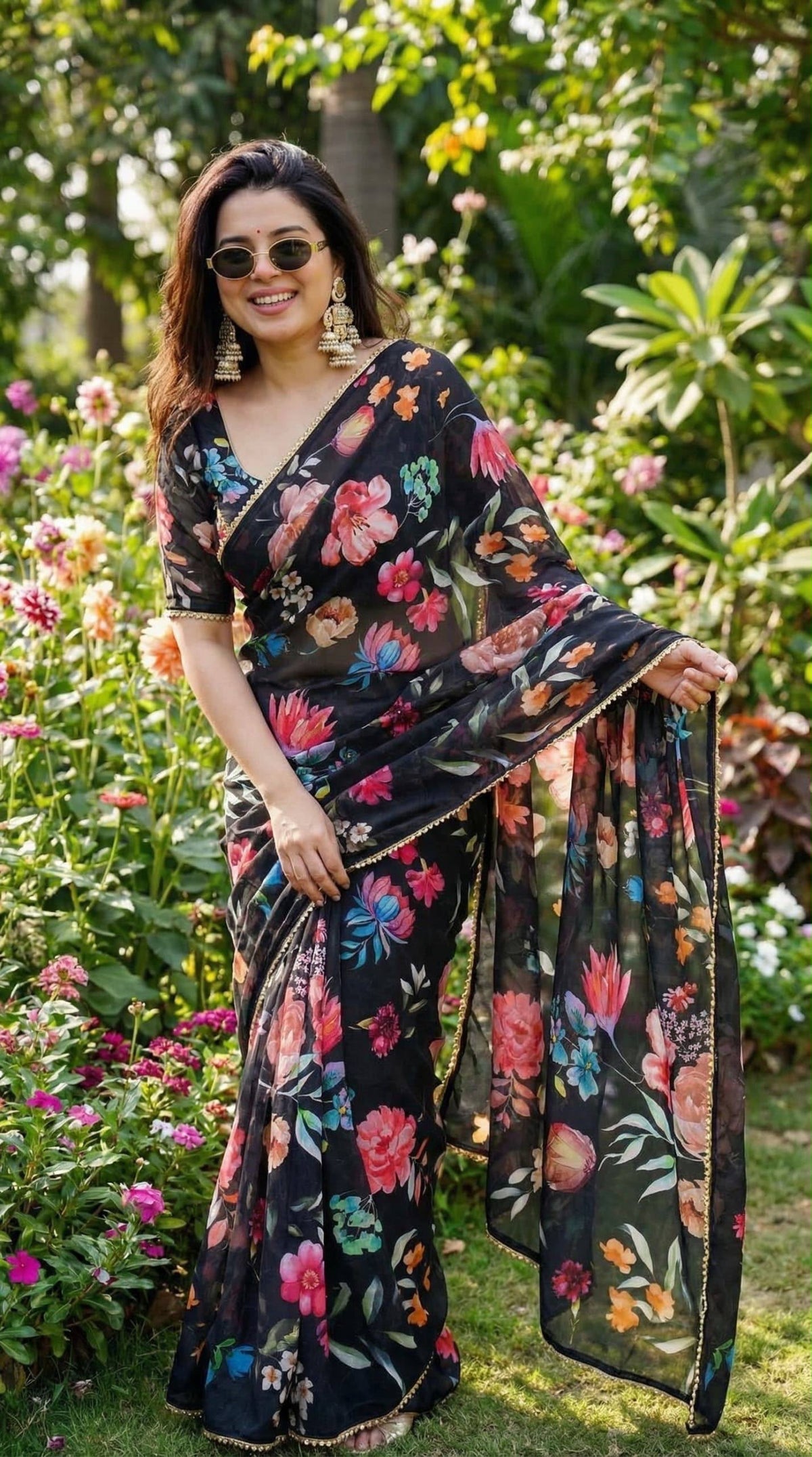 Black floral digital print soft georgette saree with pearl lace border