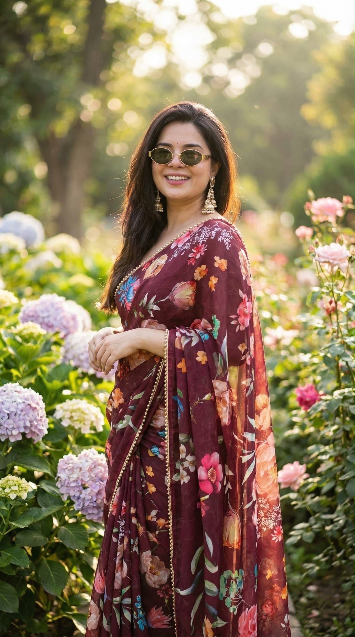 Maroon floral digital print soft georgette saree with pearl lace border