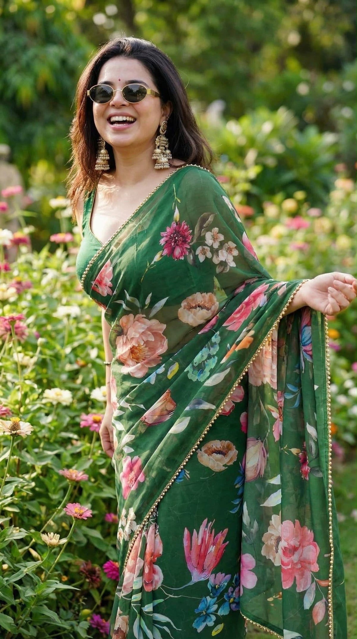 Green floral digital print soft georgette saree with pearl lace border