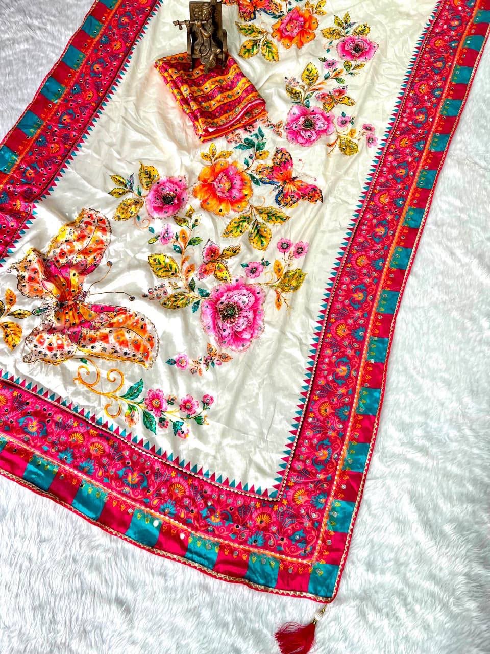 Printed chinnon silk saree floral embroidery detail