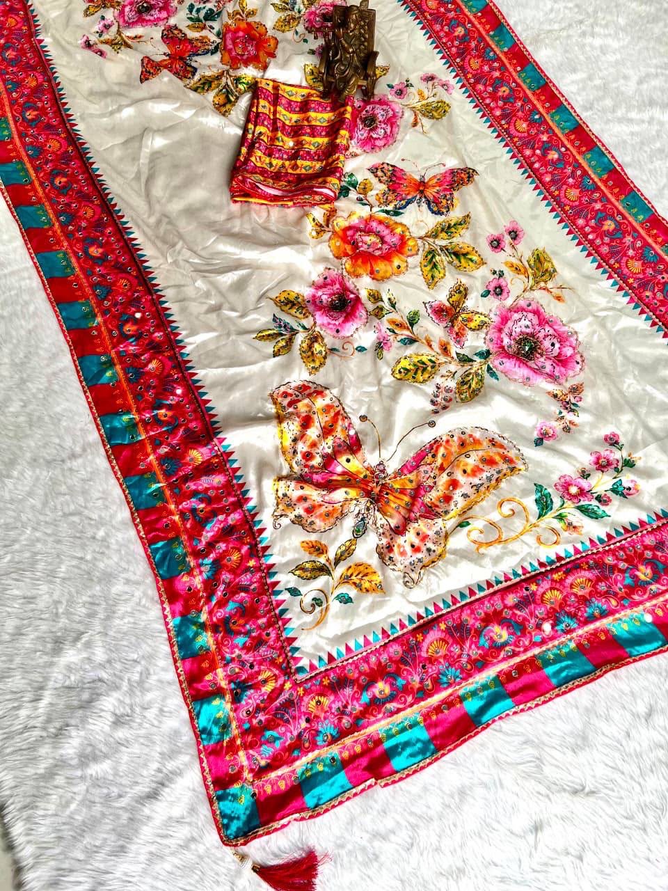 Ivory saree butterfly motif and colorful border