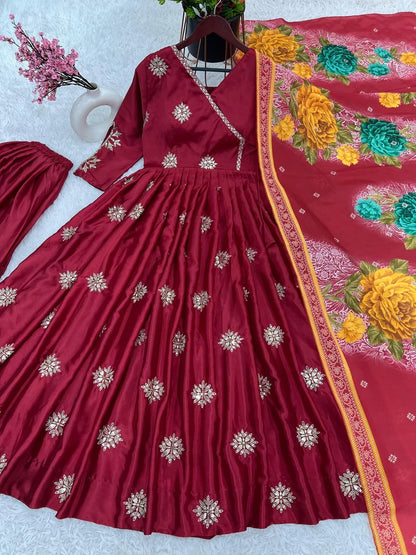 Chinnon Silk Red Color Embroidery Work Anarkali Gown