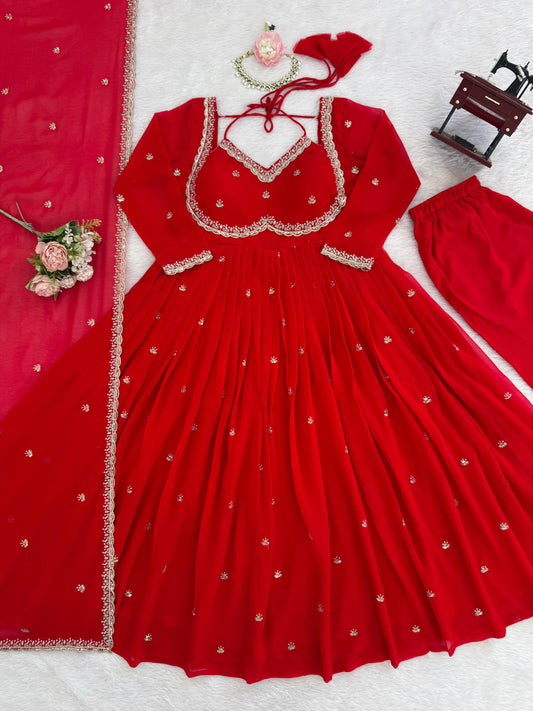 Women's Faux Georgette 3-Piece Anarkali Suit Set with Sequins Work, Stitched Pant & Dupatta – Party & Wedding Wear