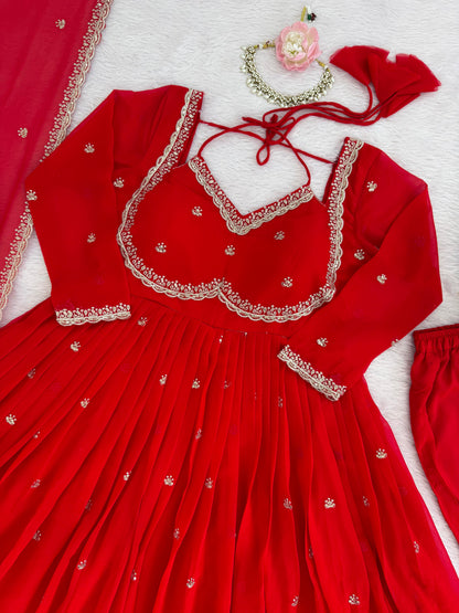 Women's Faux Georgette 3-Piece Anarkali Suit Set with Sequins Work, Stitched Pant & Dupatta – Party & Wedding Wear