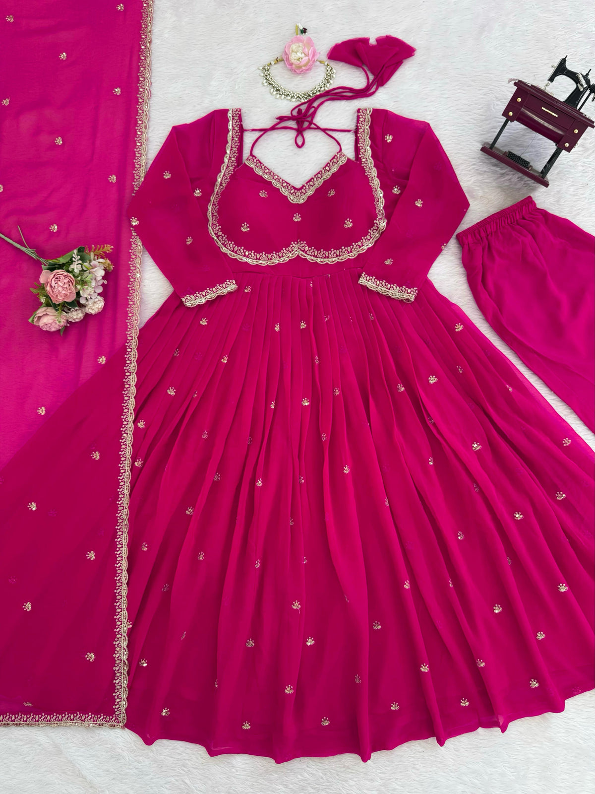 Women's Faux Georgette 3-Piece Anarkali Suit Set with Sequins Work, Stitched Pant & Dupatta – Party & Wedding Wear