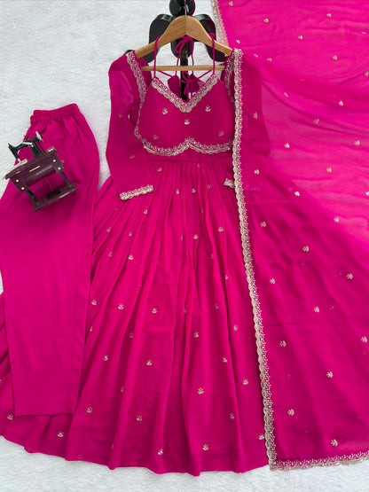 Women's Faux Georgette 3-Piece Anarkali Suit Set with Sequins Work, Stitched Pant & Dupatta – Party & Wedding Wear