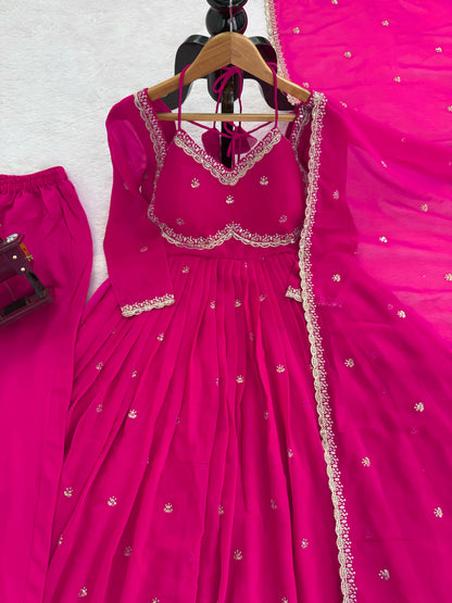 Women's Faux Georgette 3-Piece Anarkali Suit Set with Sequins Work, Stitched Pant & Dupatta – Party & Wedding Wear