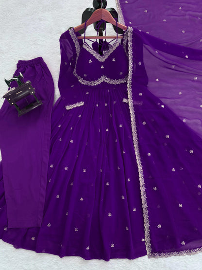 Women's Faux Georgette 3-Piece Anarkali Suit Set with Sequins Work, Stitched Pant & Dupatta – Party & Wedding Wear