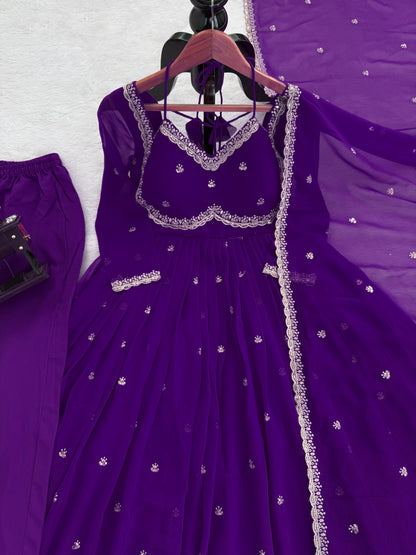 Women's Faux Georgette 3-Piece Anarkali Suit Set with Sequins Work, Stitched Pant & Dupatta – Party & Wedding Wear