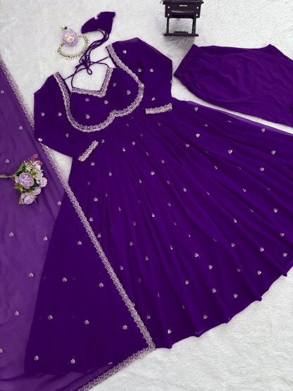 Women's Faux Georgette 3-Piece Anarkali Suit Set with Sequins Work, Stitched Pant & Dupatta – Party & Wedding Wear