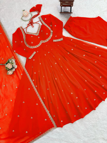 Women's Faux Georgette 3-Piece Anarkali Suit Set with Sequins Work, Stitched Pant & Dupatta – Party & Wedding Wear