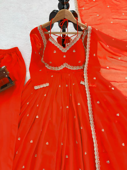 Women's Faux Georgette 3-Piece Anarkali Suit Set with Sequins Work, Stitched Pant & Dupatta – Party & Wedding Wear