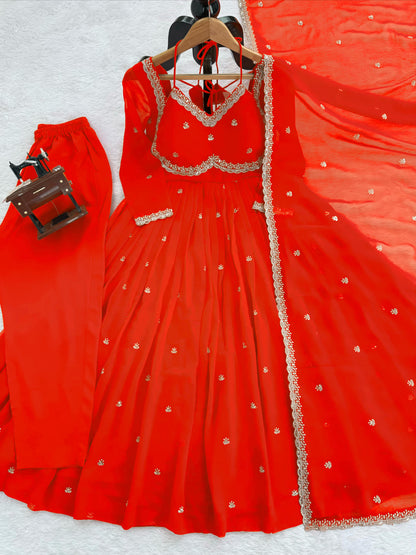 Women's Faux Georgette 3-Piece Anarkali Suit Set with Sequins Work, Stitched Pant & Dupatta – Party & Wedding Wear