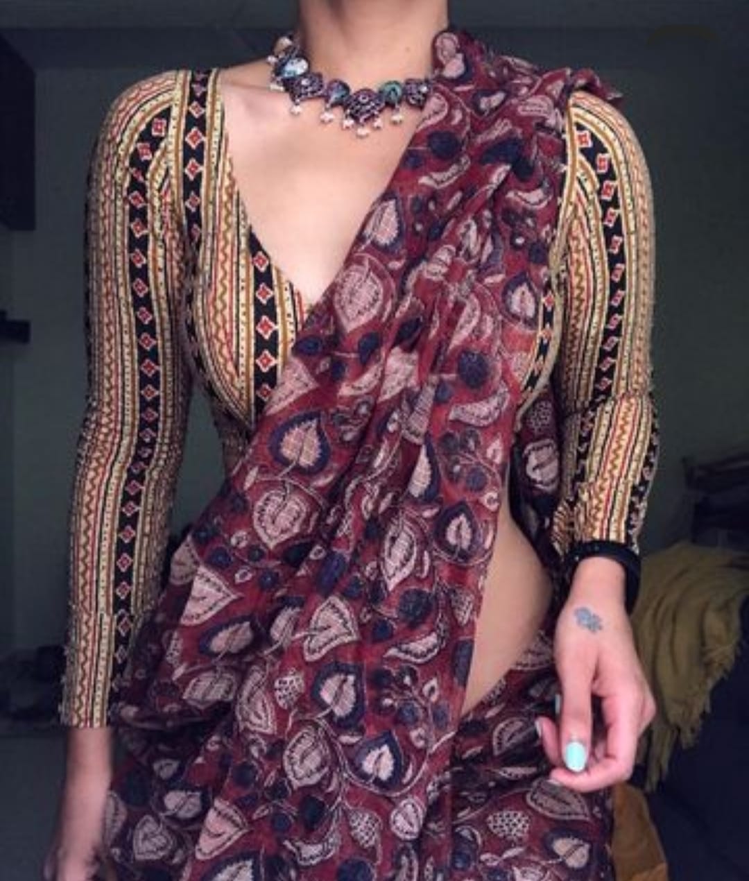Wine Color Printed Cotton Linen Saree Blouse