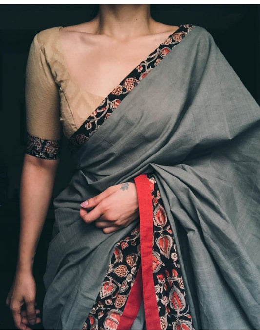 Grey Color Printed Cotton Linen Saree Blouse