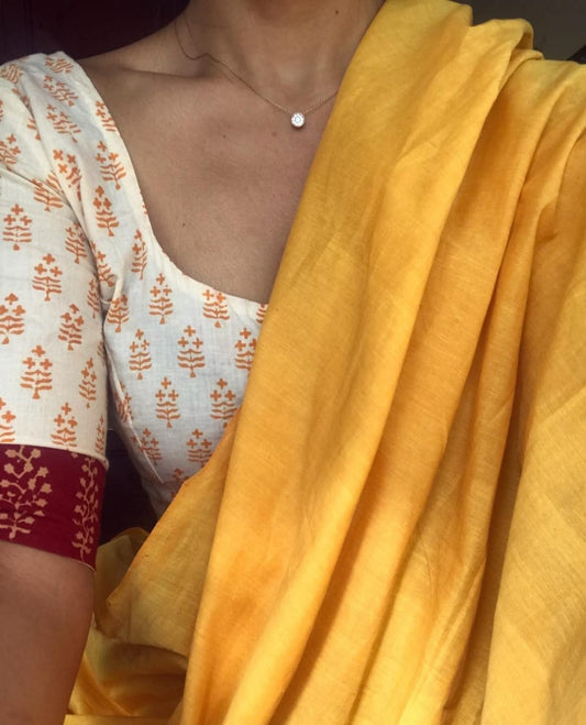 Yellow Color Linen Cotton Saree Blouse
