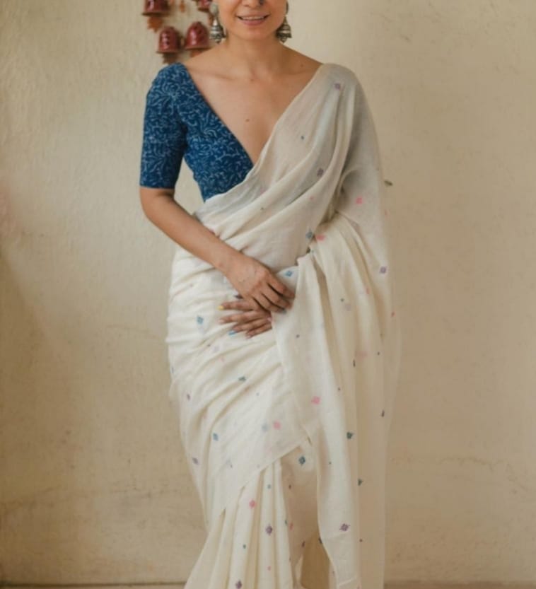 White Color Cotton Linen Printed Saree Blouse