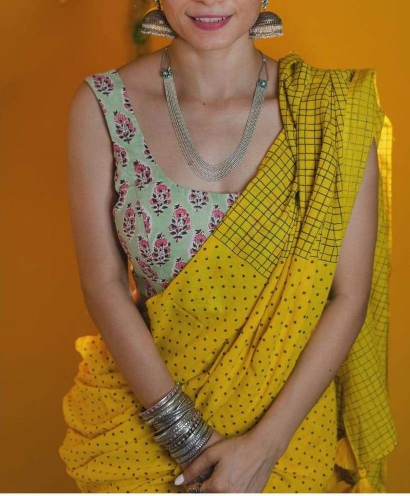 Yellow Color Cotton Linen Printed Saree Blouse