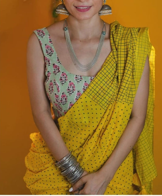 Yellow Color Cotton Linen Printed Saree Blouse