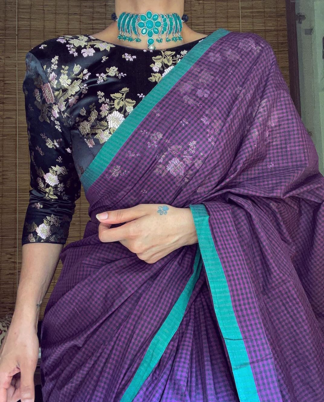 Purple Color Cotton Linen Printed Saree Blouse
