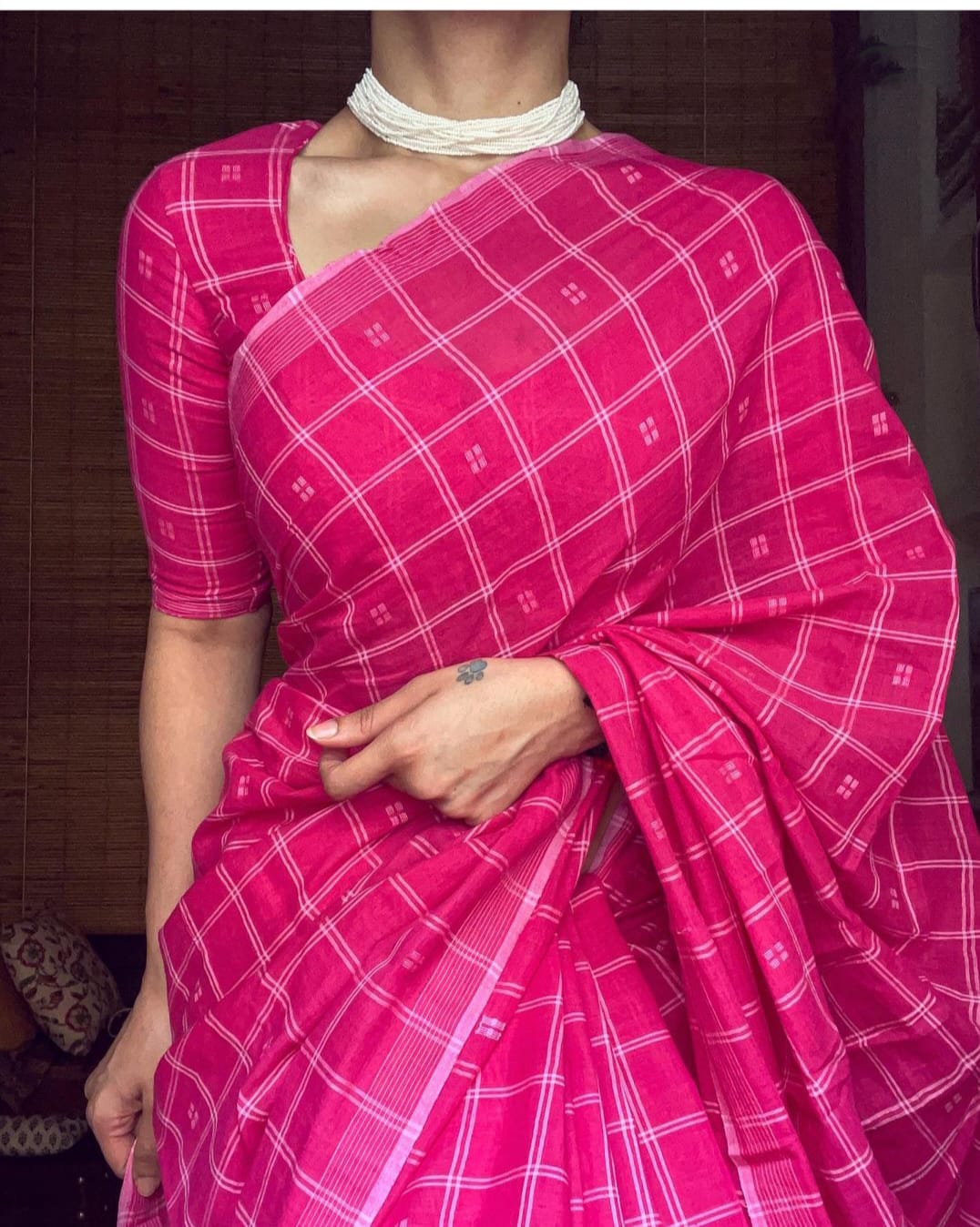 Pink Color Cotton Linen Printed Saree Blouse